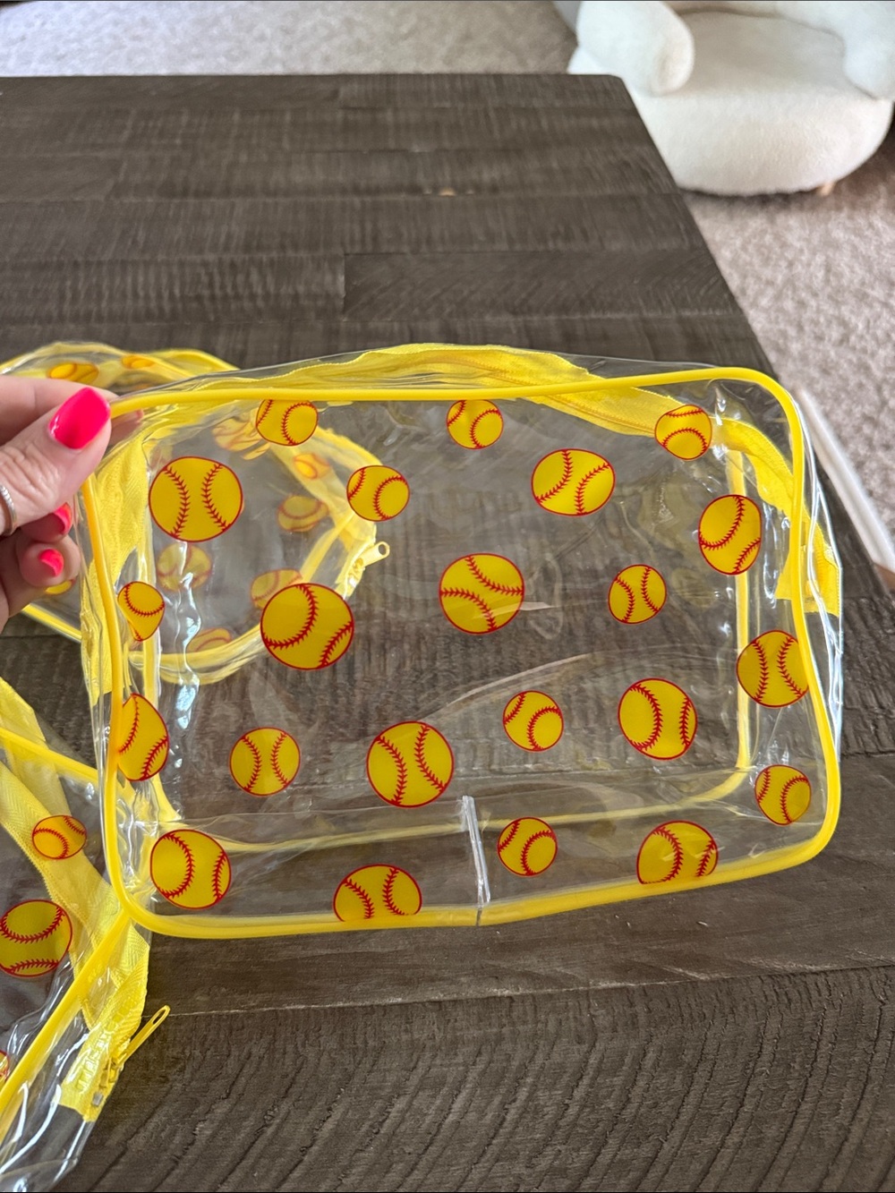 Clear Cosmetic Travel Pouch Set of 3 - Yellow Softball Print - New!! - Picture 2 of 2